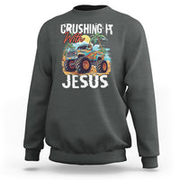 Dark heather crewneck sweatshirt with 'CRUSHING IT JESUS' front graphic