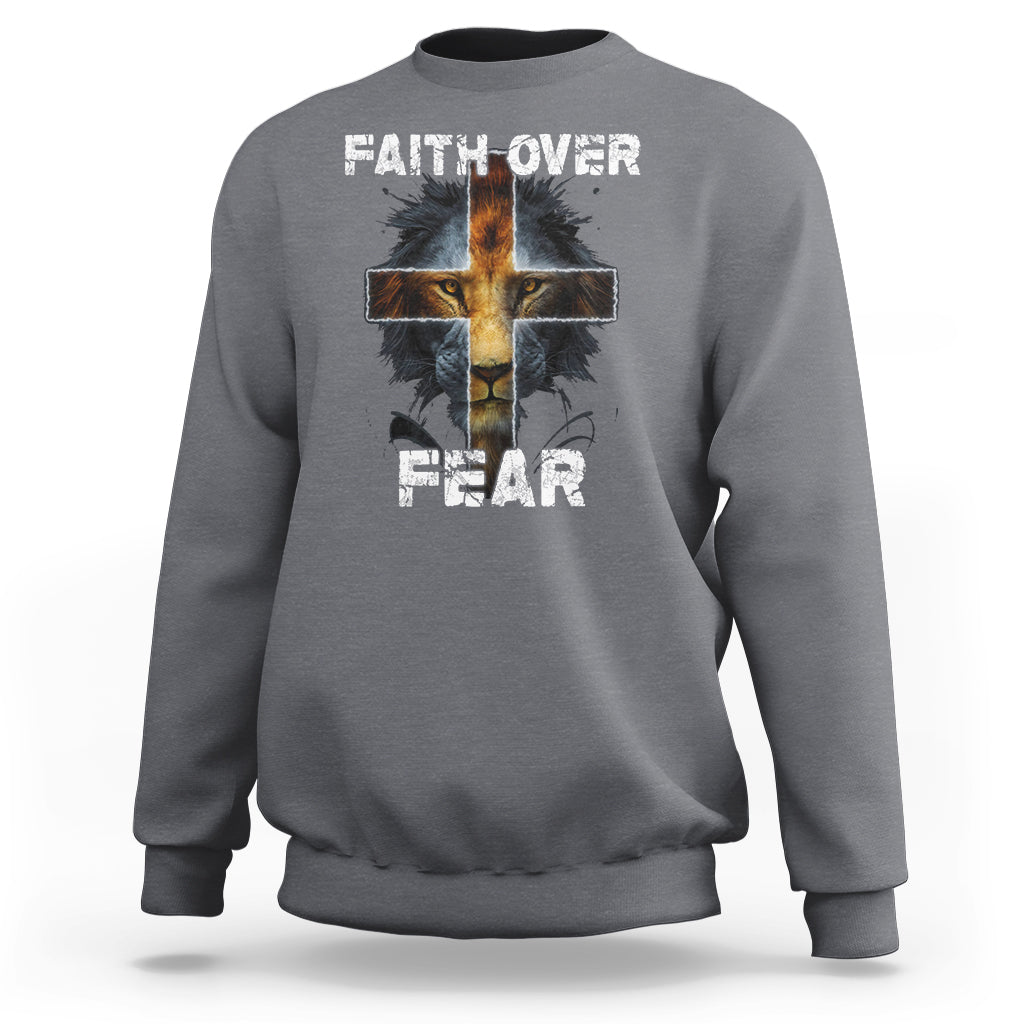 Charcoal crewneck sweatshirt with cross graphic and "FAITH OVER"/"FEAR" text