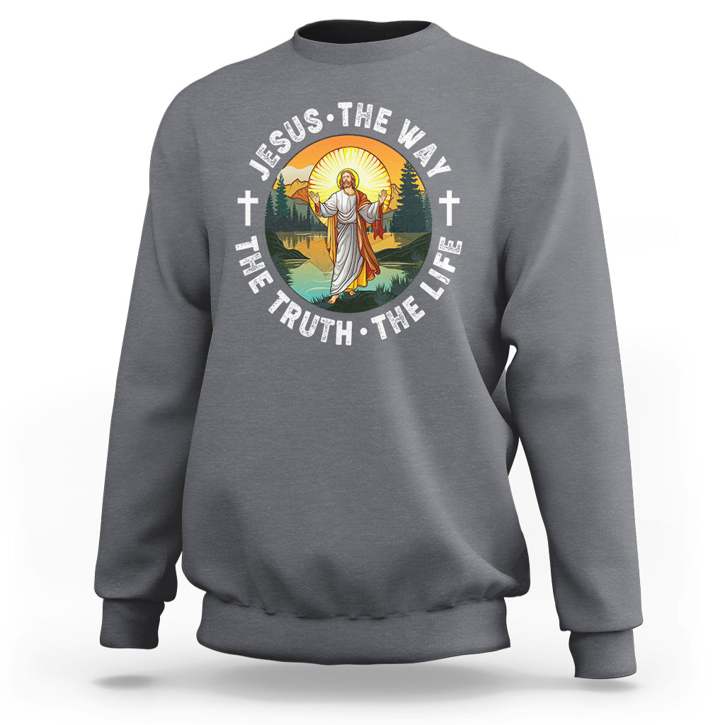 Charcoal crewneck sweatshirt with Jesus 'Way Truth Life' chest graphic.