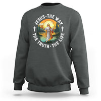 Medium gray crewneck sweatshirt with Jesus 'Way Truth Life' chest graphic.