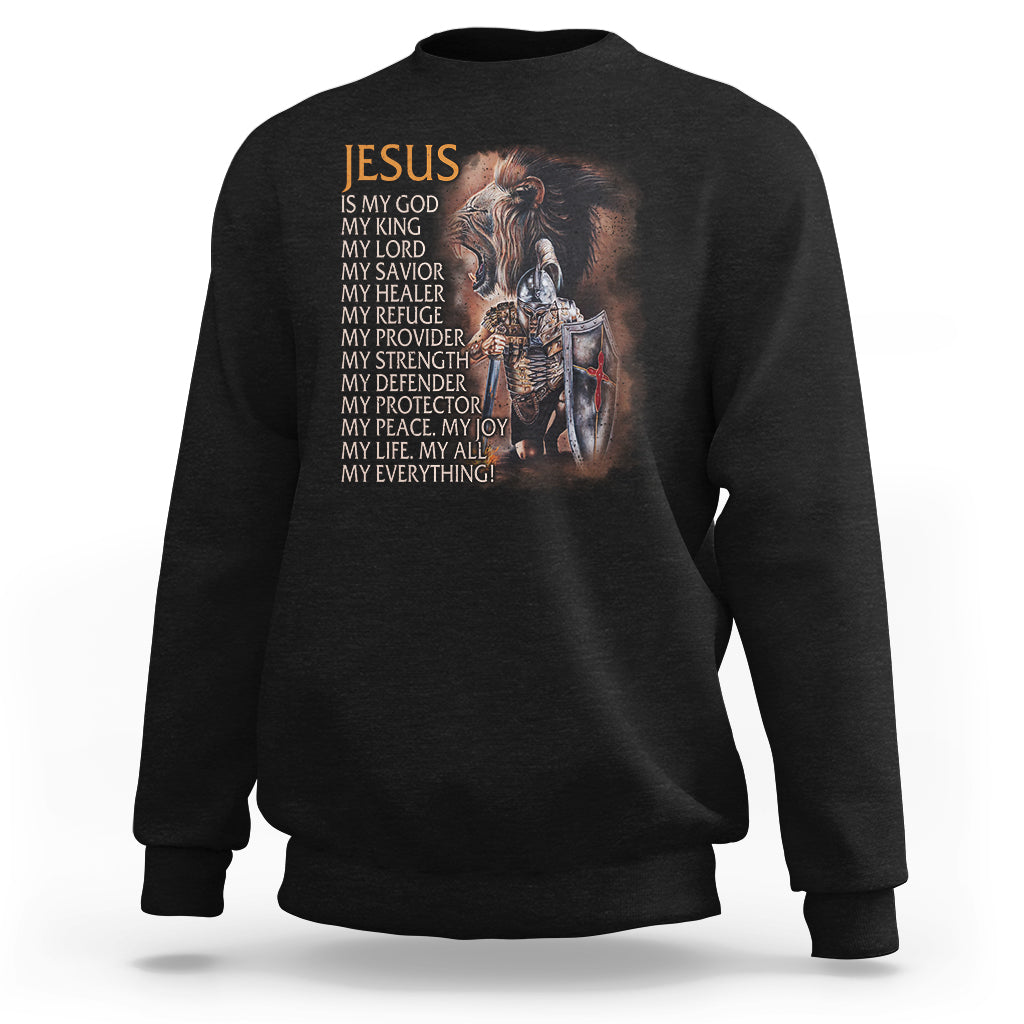 Black faith sweatshirt with Jesus portrait and scripture text graphic on chest
