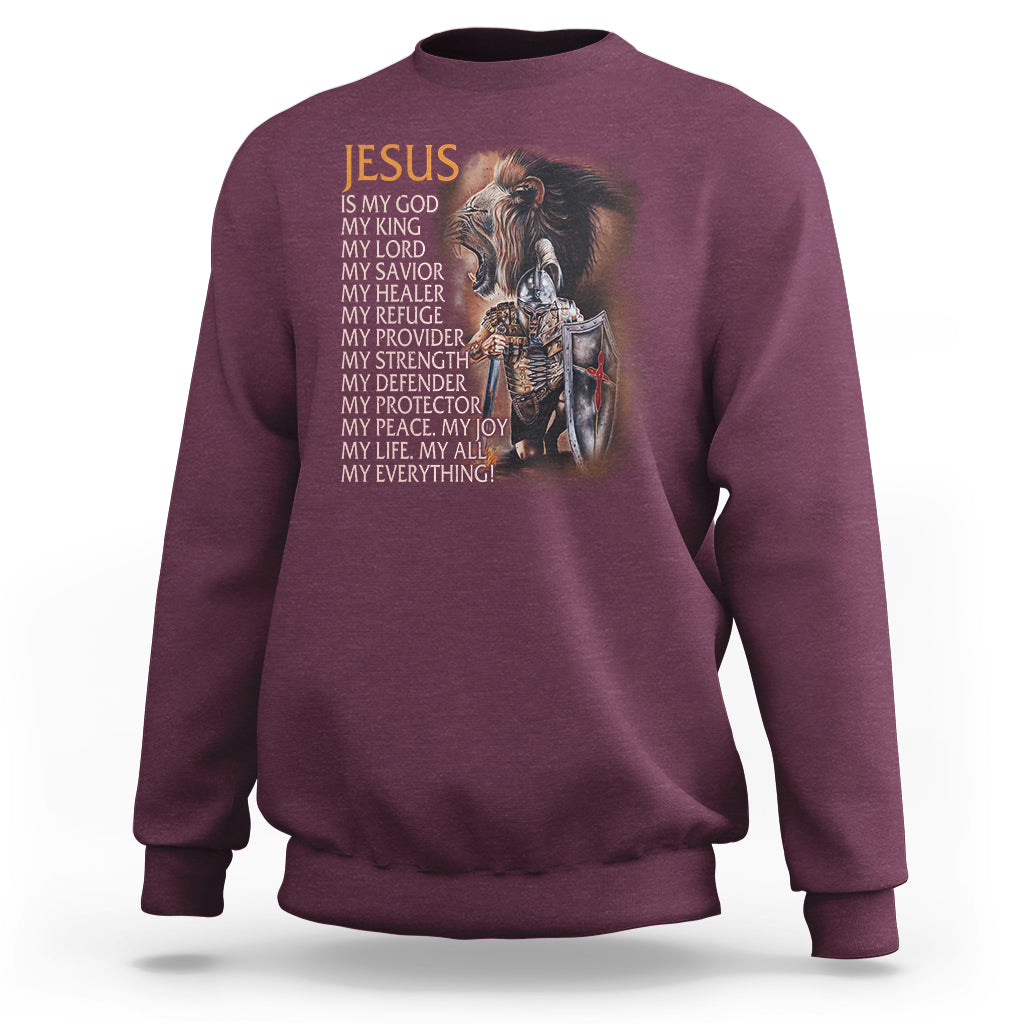 Maroon faith sweatshirt with Jesus portrait and scripture text graphic on chest
