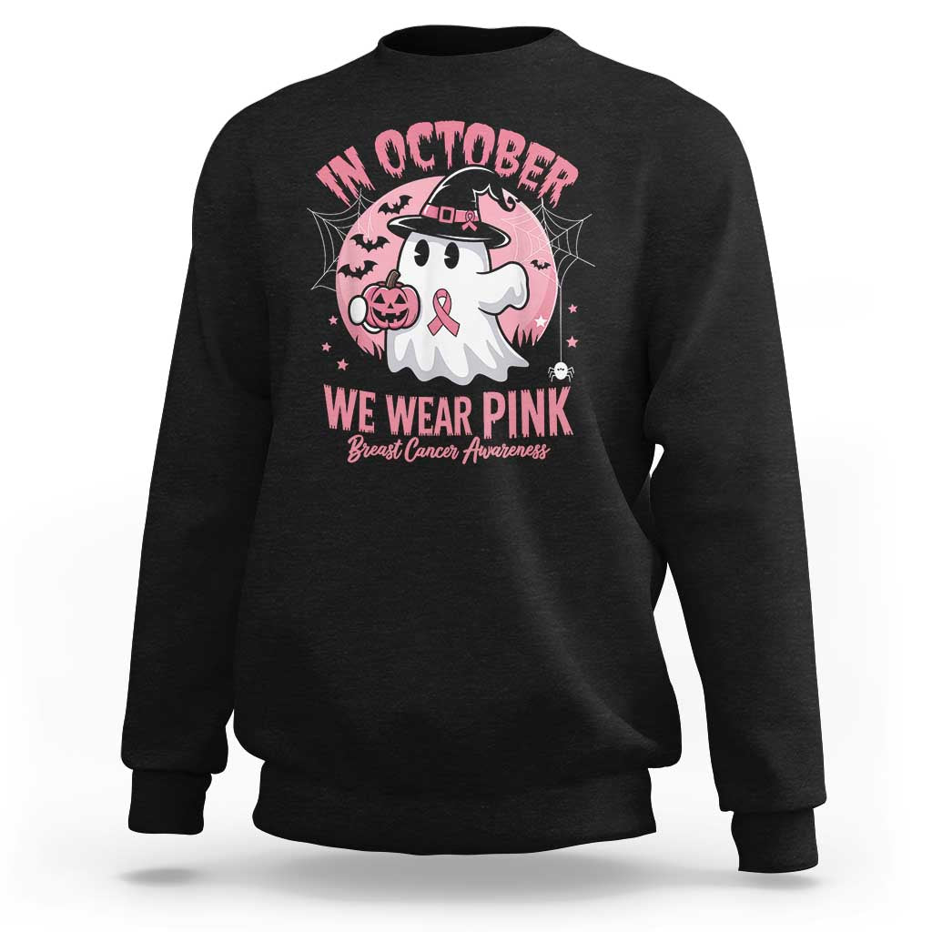 Halloween Breast Cancer Awareness Sweatshirt In October We Wear Pink Cute Boo Sheet - Wonder Print Shop