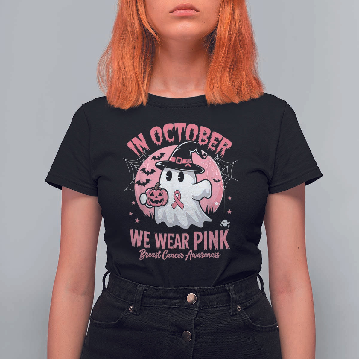 Halloween Breast Cancer Awareness T Shirt For Women In October We Wear Pink Cute Boo Sheet - Wonder Print Shop