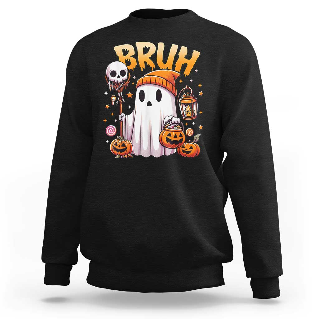 Halloween ghost graphic sweatshirt in black with “BRUH” text
