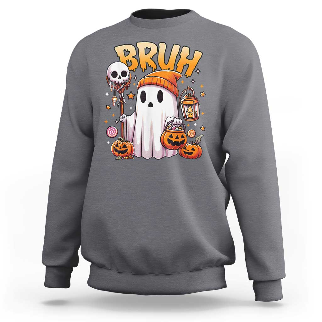 Halloween ghost graphic sweatshirt in charcoal gray with “BRUH” text