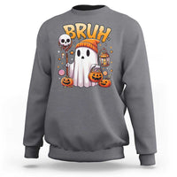 Halloween ghost graphic sweatshirt in charcoal gray with “BRUH” text