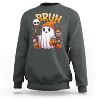 Halloween ghost graphic sweatshirt in dark gray heather with “BRUH” text
