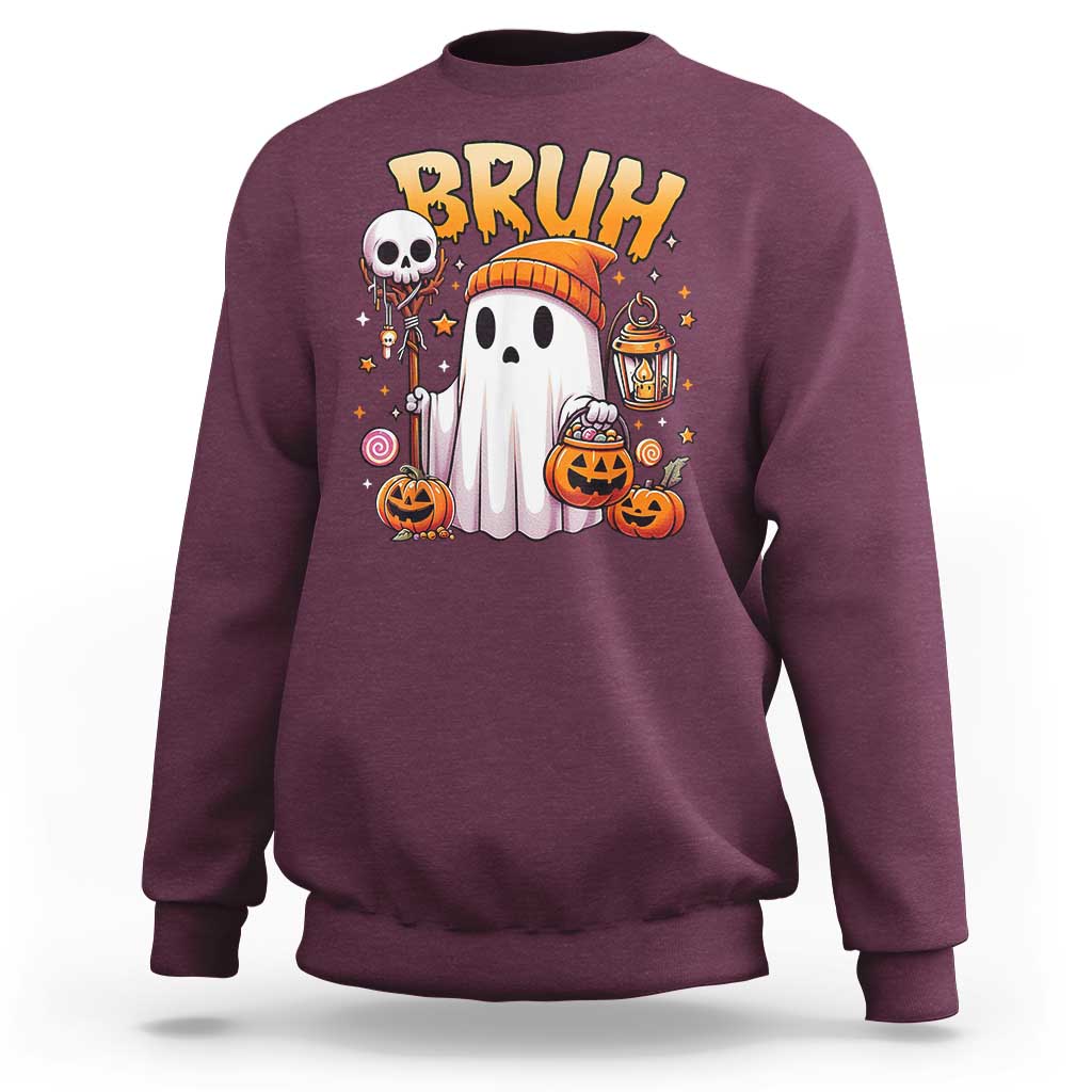 Halloween ghost graphic sweatshirt in maroon with “BRUH” text