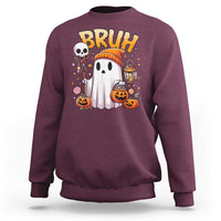 Halloween ghost graphic sweatshirt in maroon with “BRUH” text
