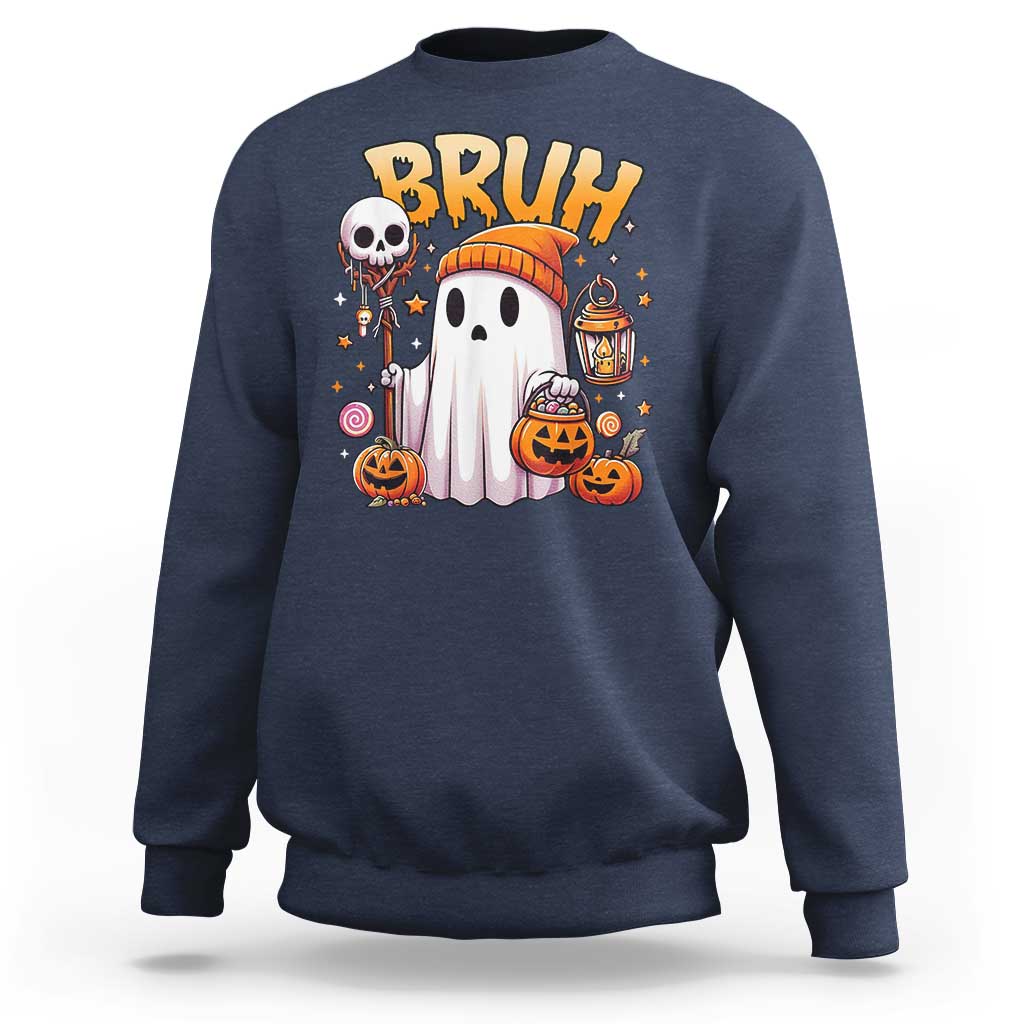 Halloween ghost graphic sweatshirt in navy blue with “BRUH” text