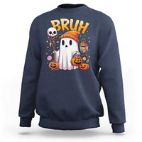 Halloween ghost graphic sweatshirt in navy blue with “BRUH” text