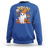 Halloween ghost graphic sweatshirt in royal blue with “BRUH” text