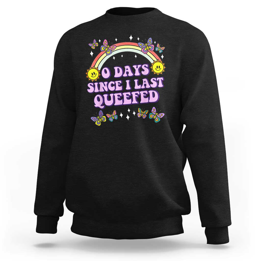Crewneck sweatshirt with '0 days since I last queefed' rainbow graphic, black