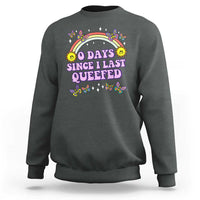Crewneck sweatshirt with '0 days since I last queefed' rainbow graphic, charcoal