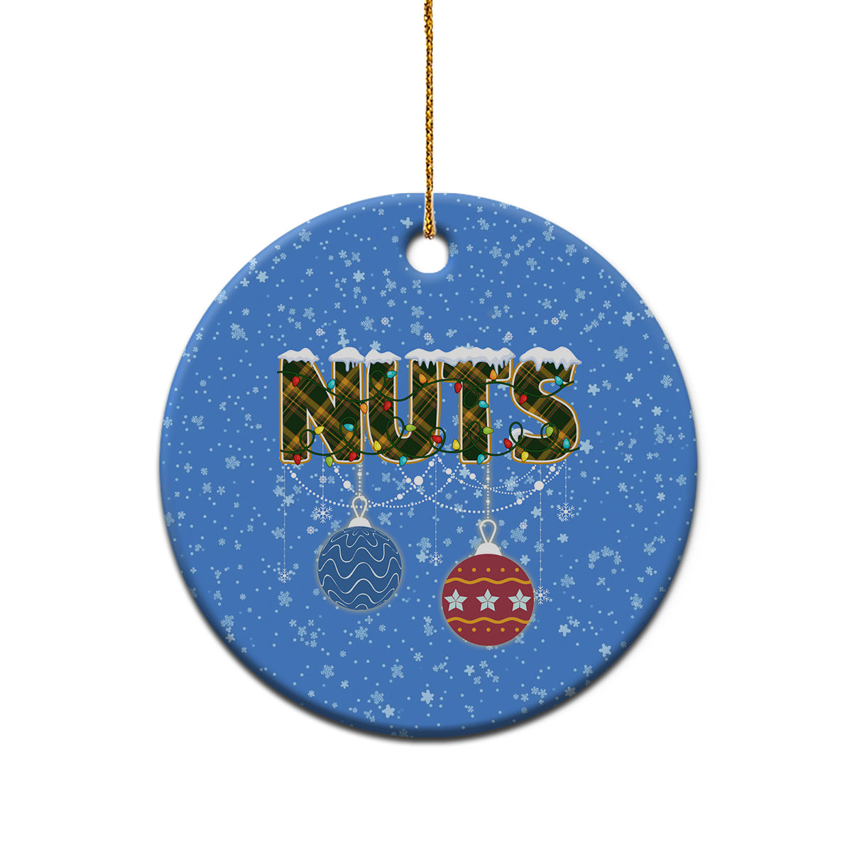 Blue ceramic round Christmas ornament with “NUTS” and hanging bauble icons; gold hook.
