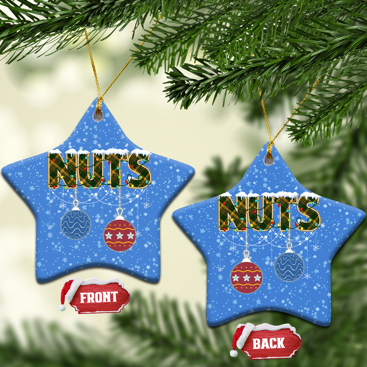 Blue ceramic star-shaped Christmas ornaments with “NUTS” and hanging bauble icons; gold loops.