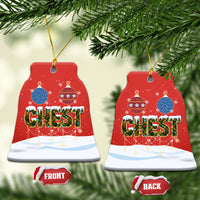 Red ceramic bell-shaped Christmas ornaments with gold loop, “CHEST” nut design, front/back views