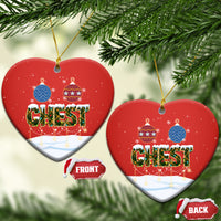 Red ceramic heart-shaped Christmas ornaments with gold loop, “CHEST” nut design, front/back views