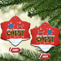 Red ceramic flower-shaped Christmas ornaments with gold loop, “CHEST” nut design, front/back views