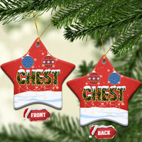 Red ceramic star-shaped Christmas ornaments with gold loop, “CHEST” nut design, front/back views