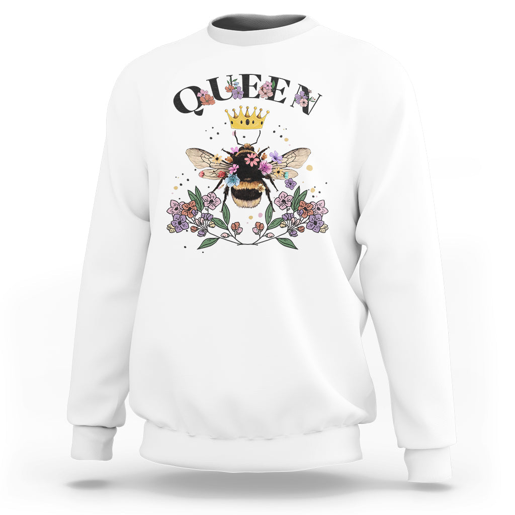 Women's white queen bee sweatshirt with crown bee and floral graphic