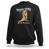 Black crewneck sweatshirt with front pin-up girl graphic and text logo