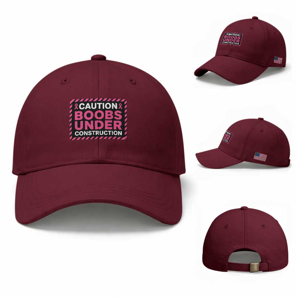 Funny Breast Cancer Surgery Mastectomy Baseball Cap Caution Boobs Under Construction Pink Ribbon Warrior