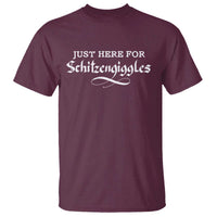 Maroon Oktoberfest graphic T-shirt with "Just here for Schitzengiggles" text print