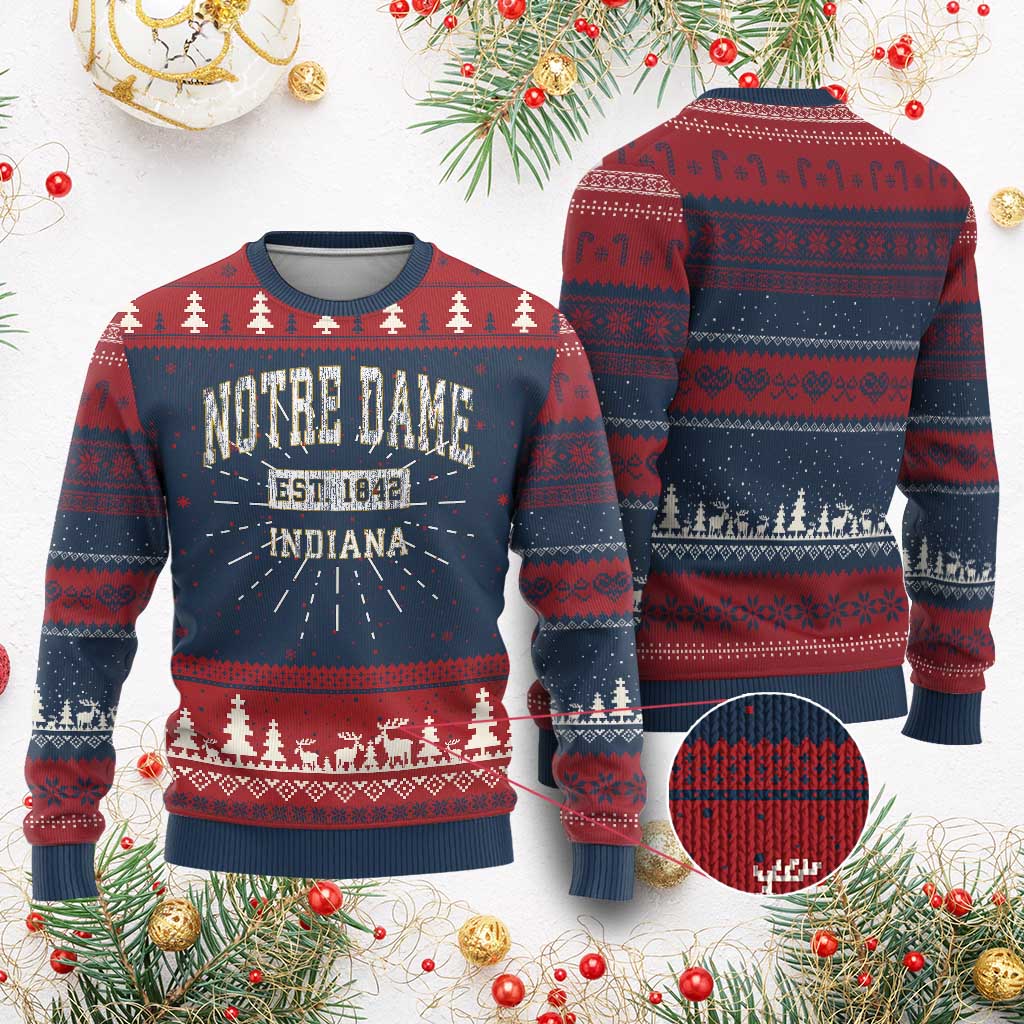 Classic Notre Dame Indiana Ugly Christmas Sweater Est 1842 IN Retro Vintage Varsity - Wonder Print Shop