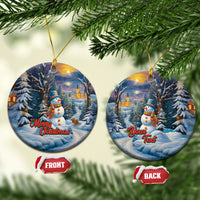 Pair of blue ceramic round Christmas ornaments with snowman, winter village, Merry Christmas/Your Text