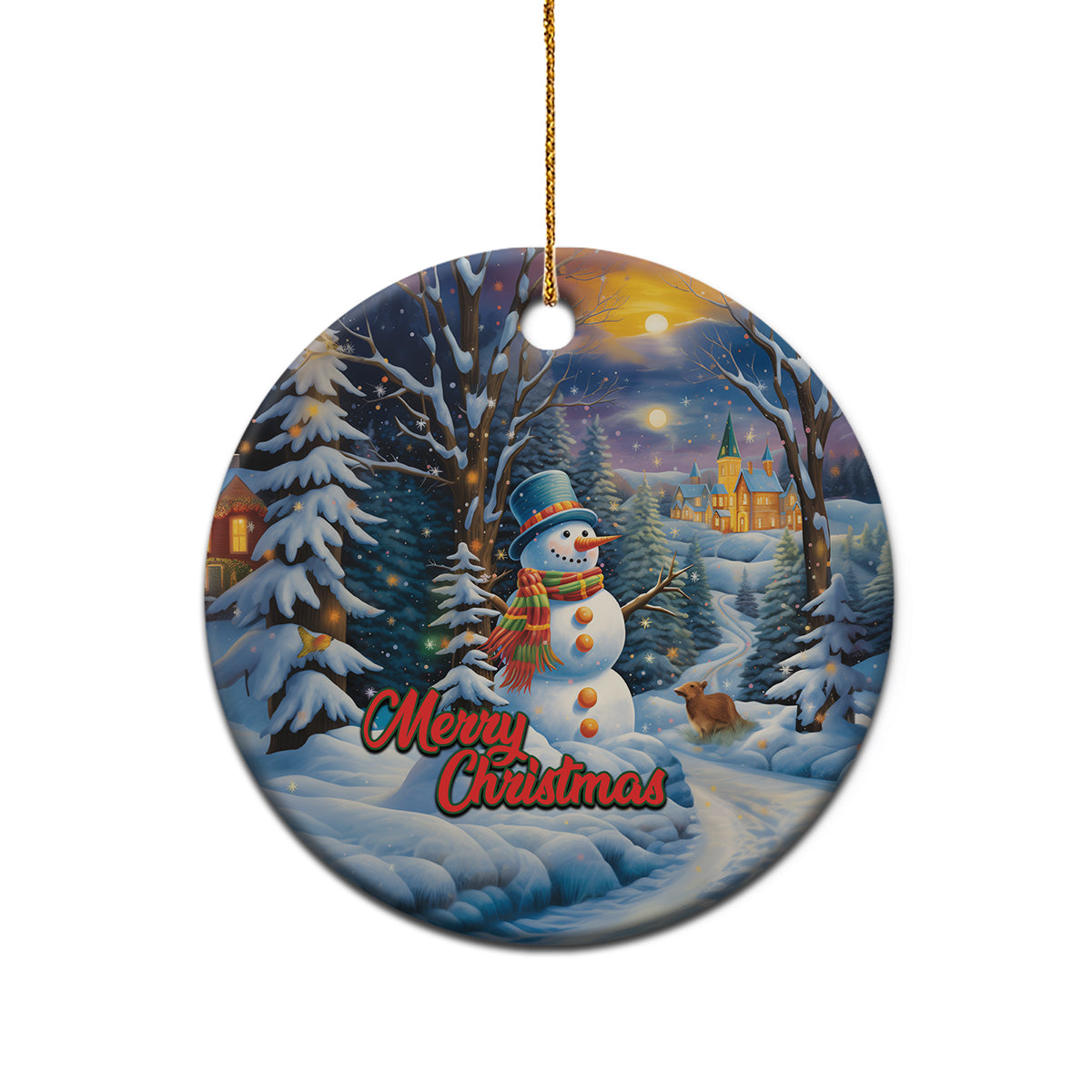 Blue ceramic round Christmas ornament with snowman, winter village, Merry Christmas text