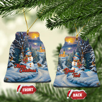 Pair of blue ceramic bell-shaped Christmas ornaments with snowman, village, Merry Christmas/Your Text