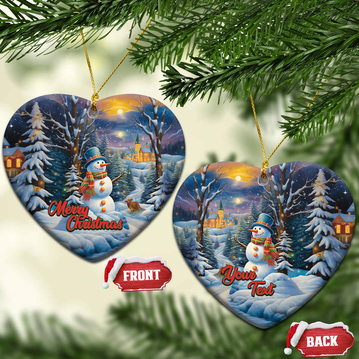 Pair of blue ceramic heart-shaped Christmas ornaments with snowman, winter village, Merry Christmas/Your Text