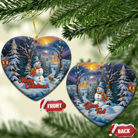 Pair of blue ceramic heart-shaped Christmas ornaments with snowman, winter village, Merry Christmas/Your Text