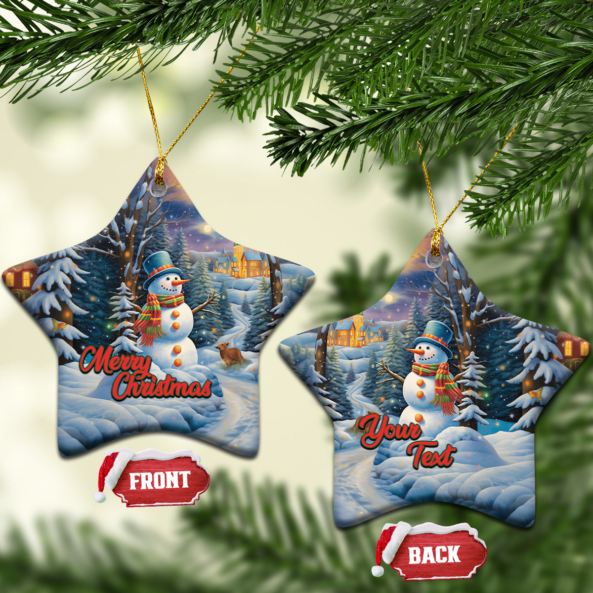 Pair of blue ceramic star-shaped Christmas ornaments with snowman, winter village, Merry Christmas/Your Text