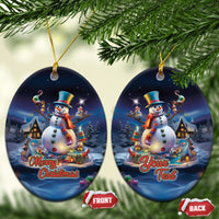 Blue ceramic snowman ornament with gold loop, oval shape, “Your Text” personalization