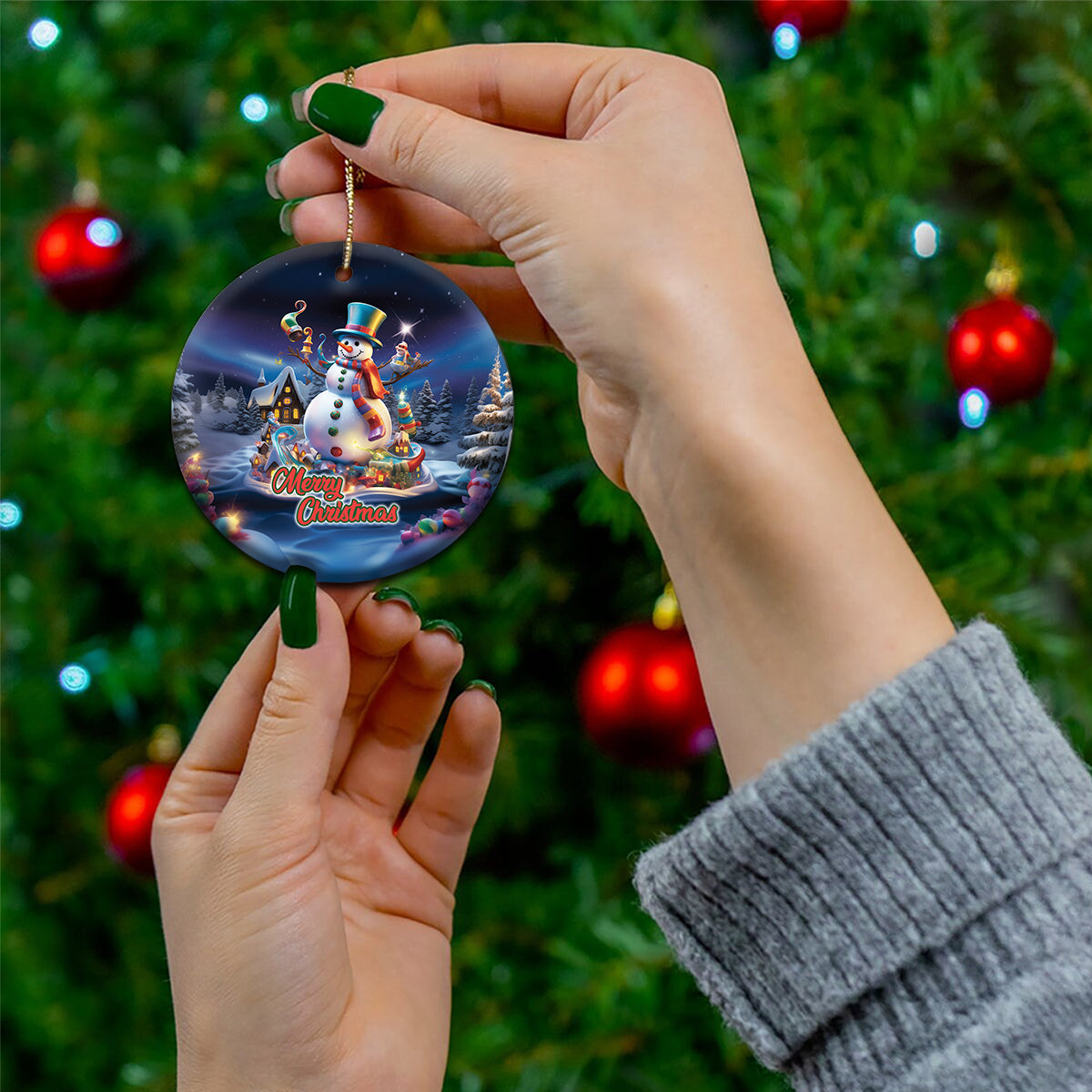 Blue ceramic snowman ornament with gold loop, circular shape, “Merry Christmas” text