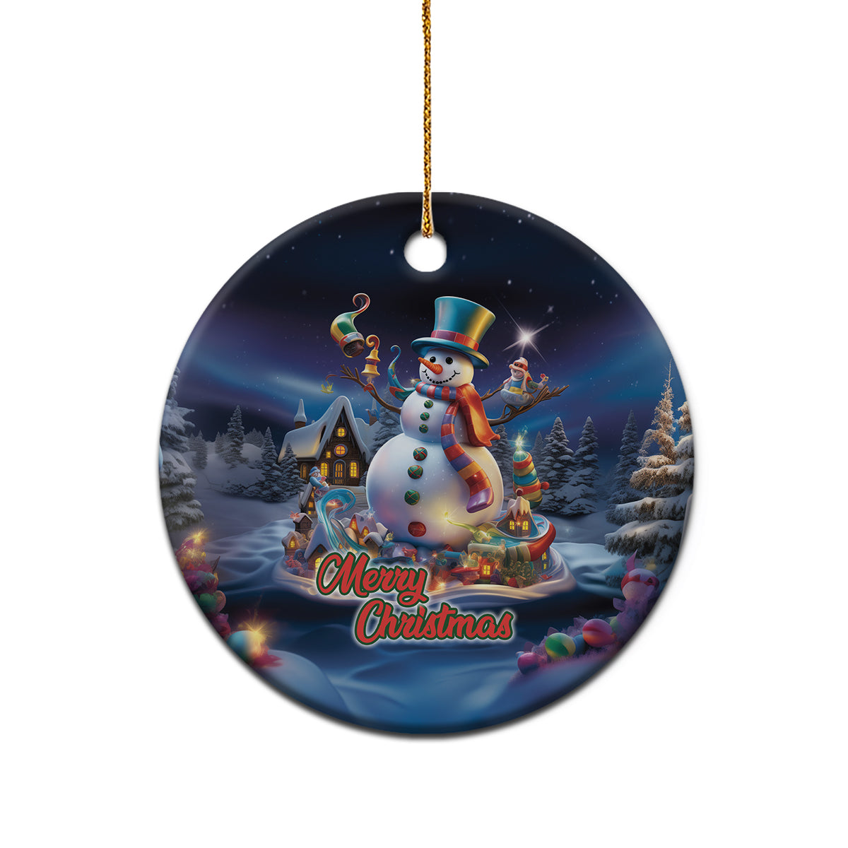 Blue ceramic snowman ornament with gold loop, circular shape, “Merry Christmas” text