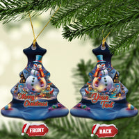 Blue ceramic snowman ornament with gold loop, bell-shaped, “Your Text” personalization