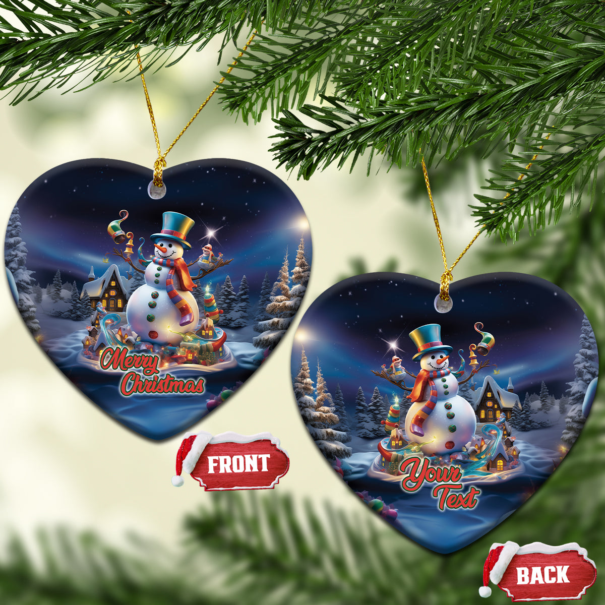 Blue ceramic snowman ornament with gold loop, heart shape, “Merry Christmas” text