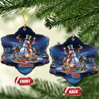 Blue ceramic snowman ornament with gold loop, heart shape, “Your Text” personalization