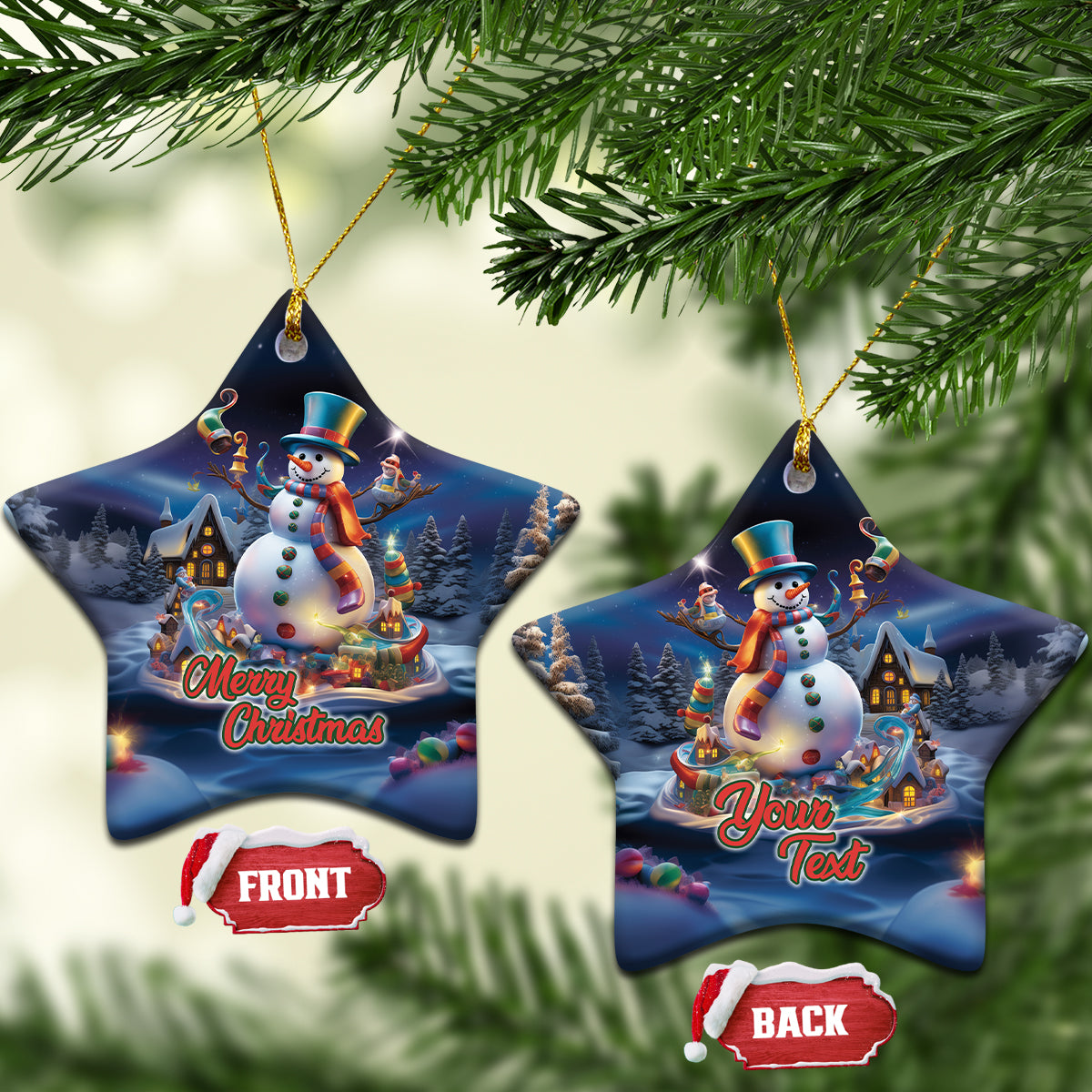 Blue ceramic snowman ornament with gold loop, star shape, “Merry Christmas” text