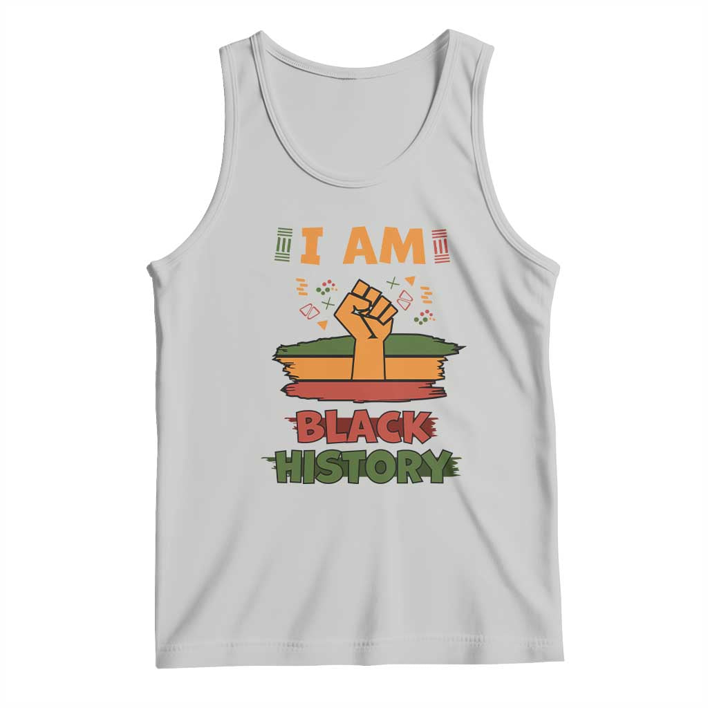 Light gray tank top with “Black History” graphic and raised fist