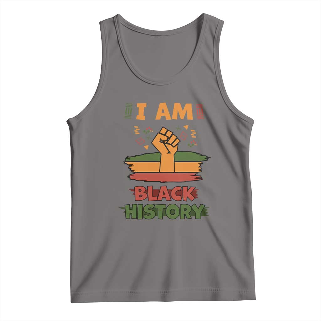 Women's dark gray tank top with Black History text graphic and raised fist