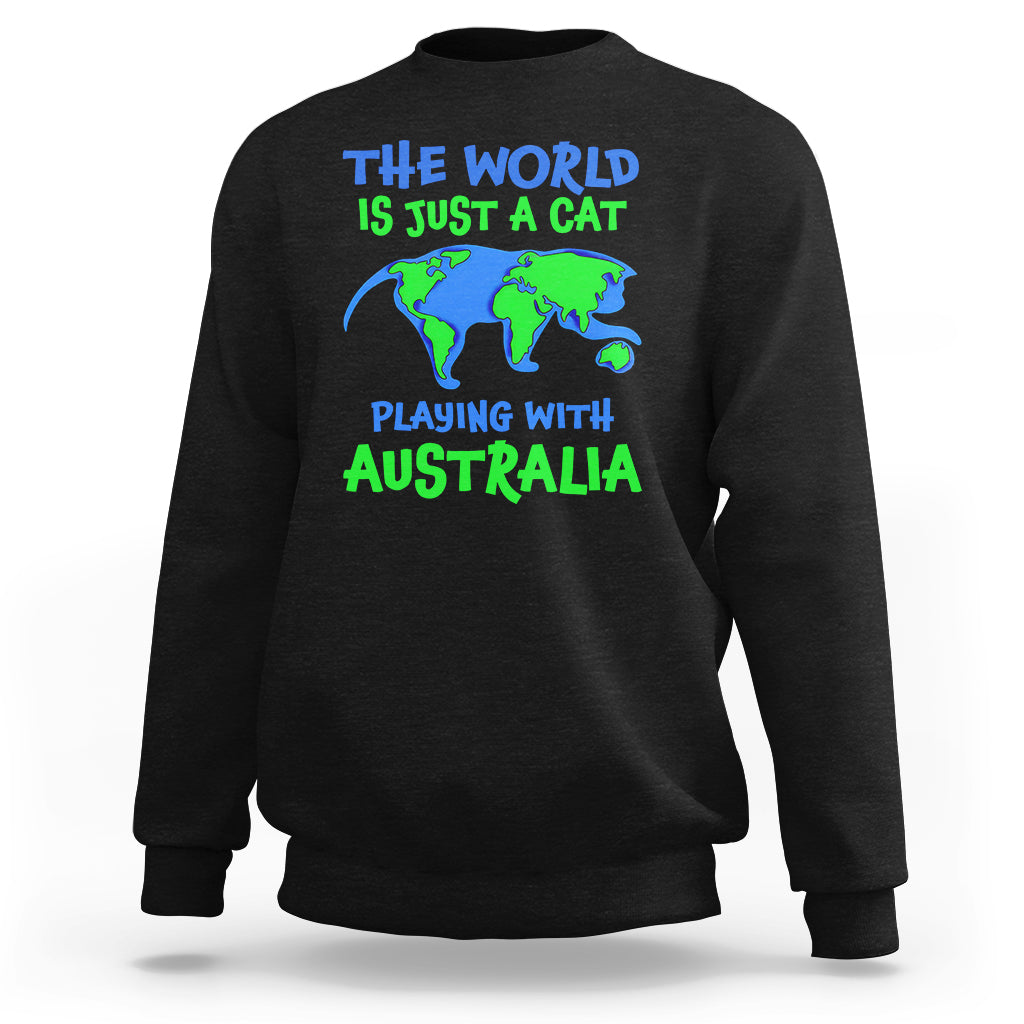 Black crewneck sweatshirt with cat-and-Australia world graphic on front