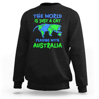 Black crewneck sweatshirt with cat-and-Australia world graphic on front