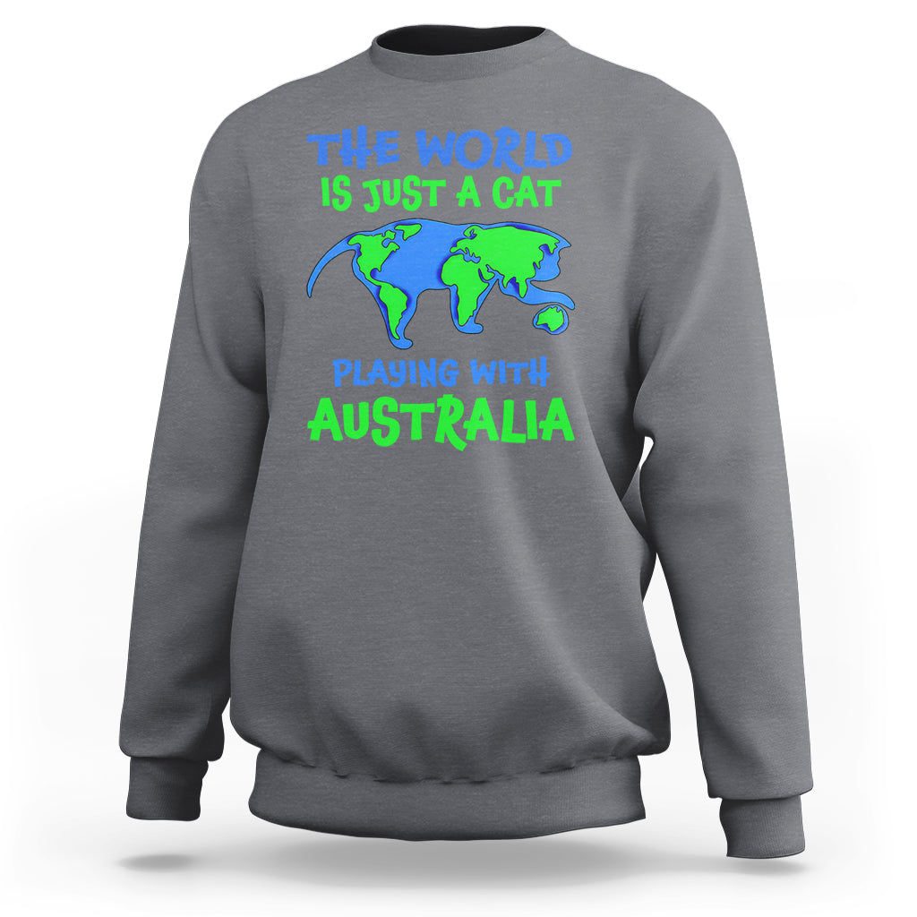 Gray crewneck sweatshirt with cat-and-Australia world graphic on front