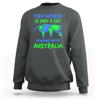 Charcoal gray crewneck sweatshirt with cat-and-Australia world graphic on front