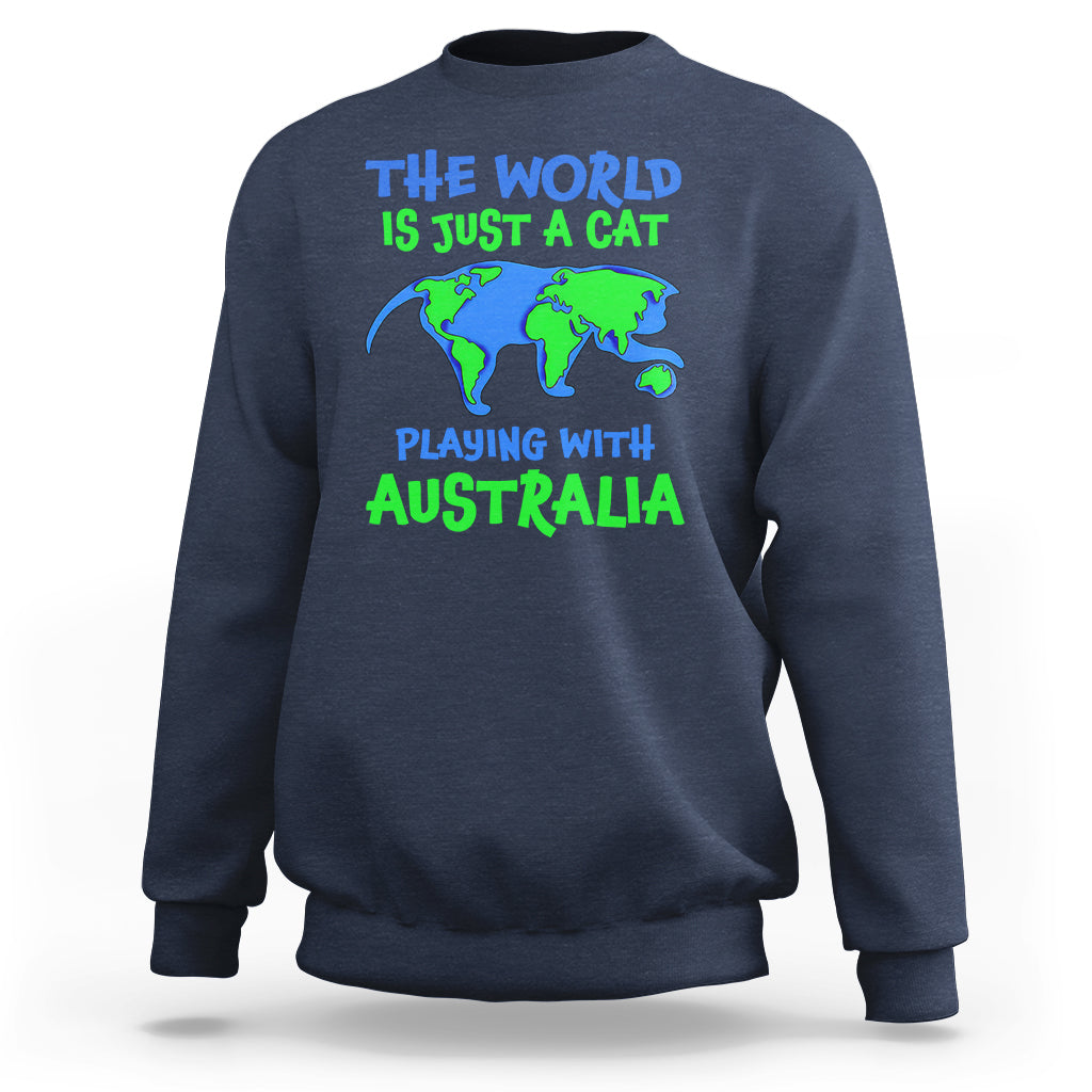 Royal blue crewneck sweatshirt with cat-and-Australia world graphic on front